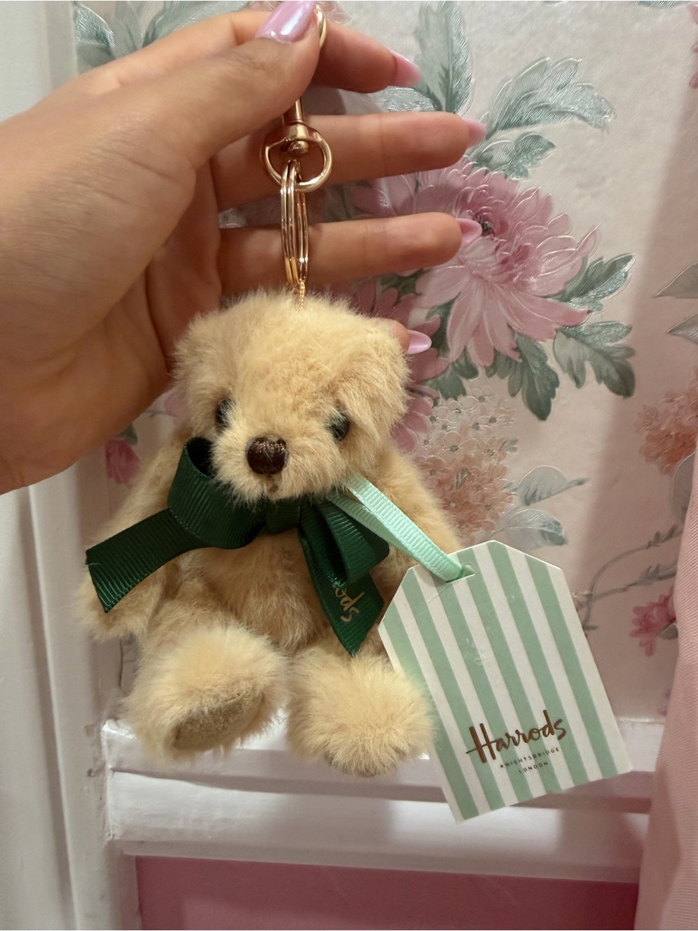 Harrods Cream Bear Keychain with Dark Green Bow